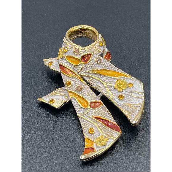 BSK Vintage Gold Tone Orange Yellow Enameled Flower Rhinestone Encrusted Brooch - Picture 13 of 13